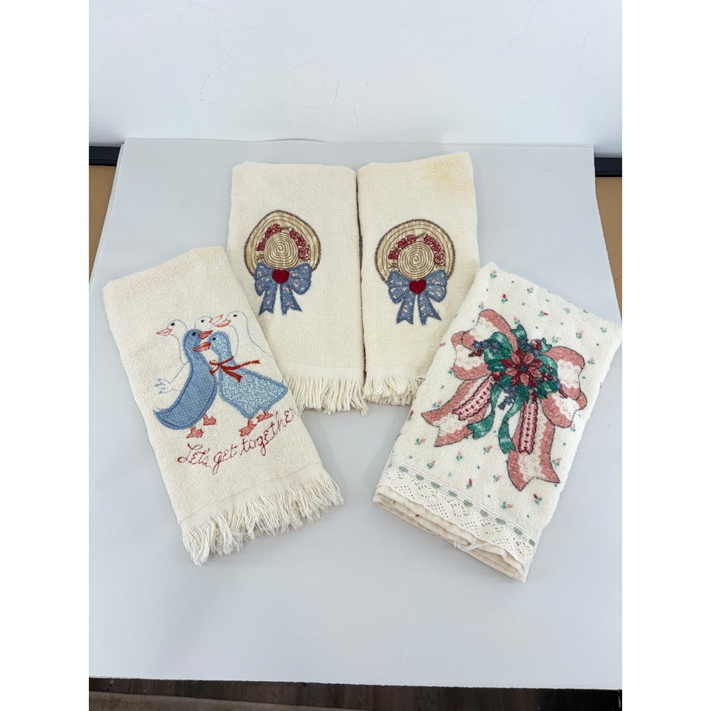 Vintage Cannon Kitchen Towel Lot of 4 Embroidered Ducks Sun Hat Bow Cotton USA